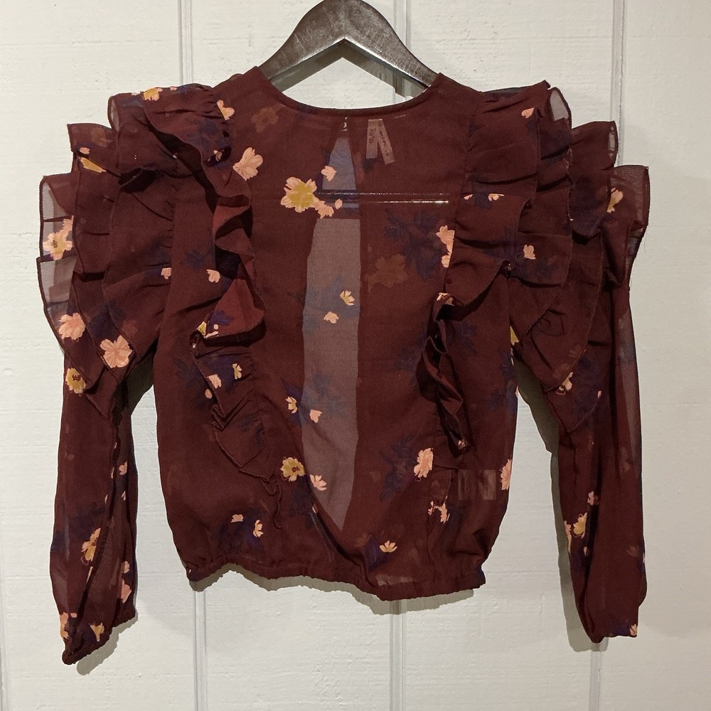 Truth NYC Blouse Womens Small Maroon Floral Ruffle Long Sleeve Sheer Top Boho